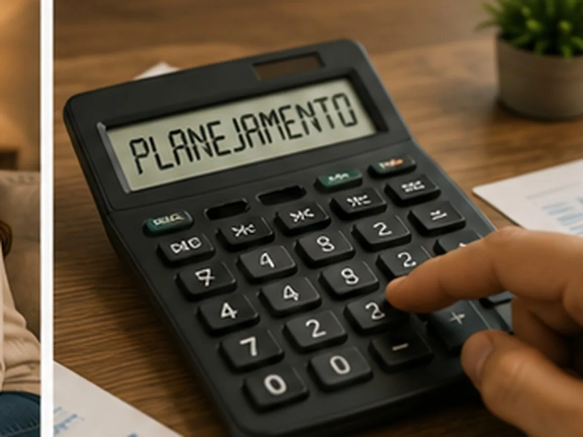 Mão digita em calculadora com a palavra planejamento no visor, cálculo do valor a receber ao desistir do consórcio