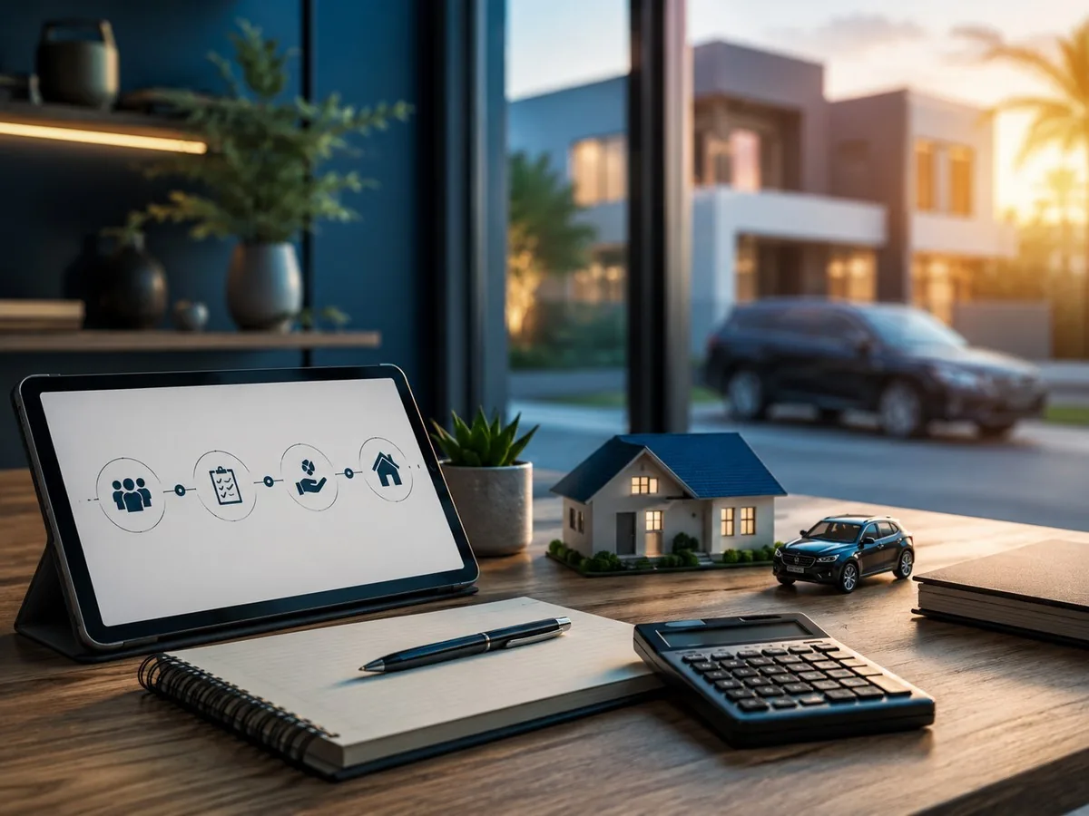 Como funciona o consórcio | Consórcios Ponta Porã Tablet com ícones de grupo, contrato e casa sobre a mesa, com miniaturas de casa e carro, calculadora e casas com SUV ao fundo