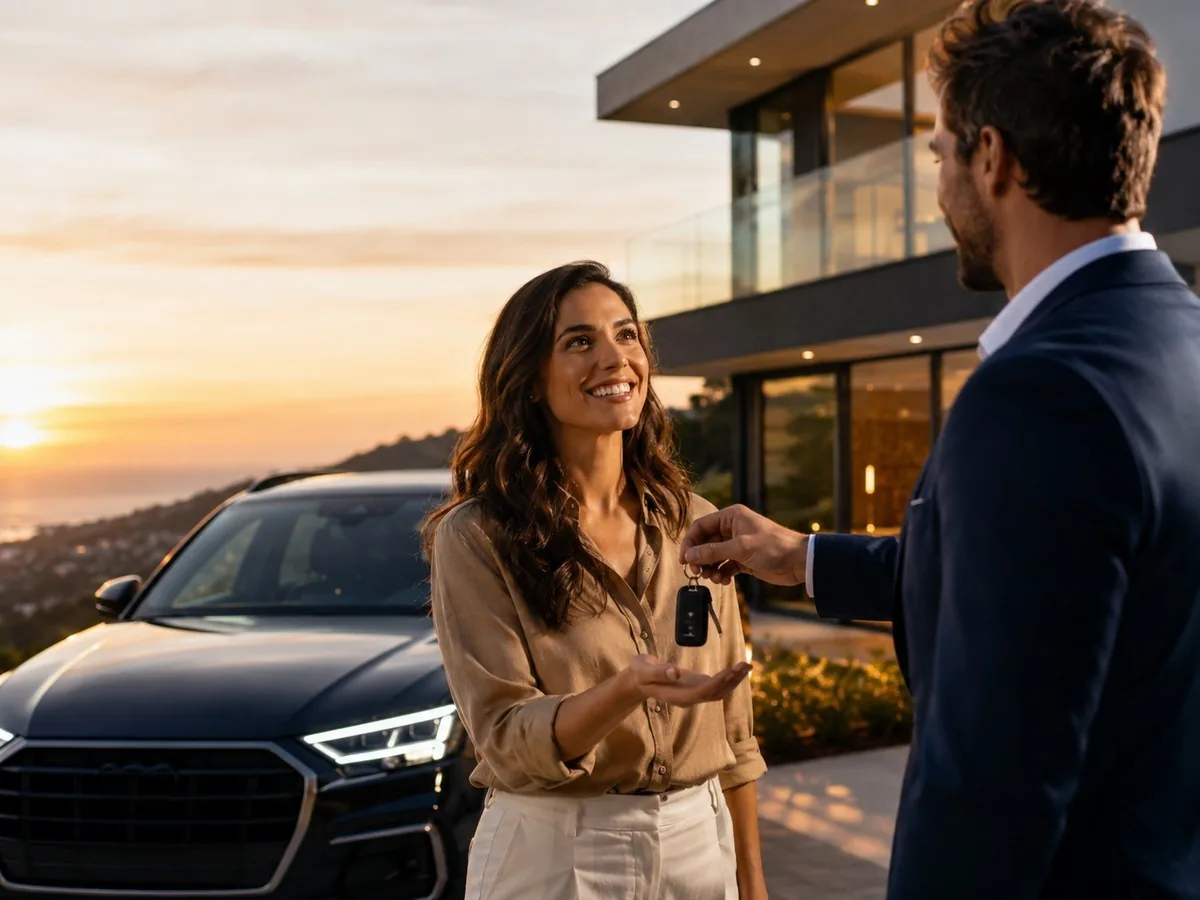 Lance livre no consórcio | Consórcios Ponta Porã Mulher sorridente recebe a chave de um carro preto de um homem de terno, diante de uma casa moderna ao entardecer