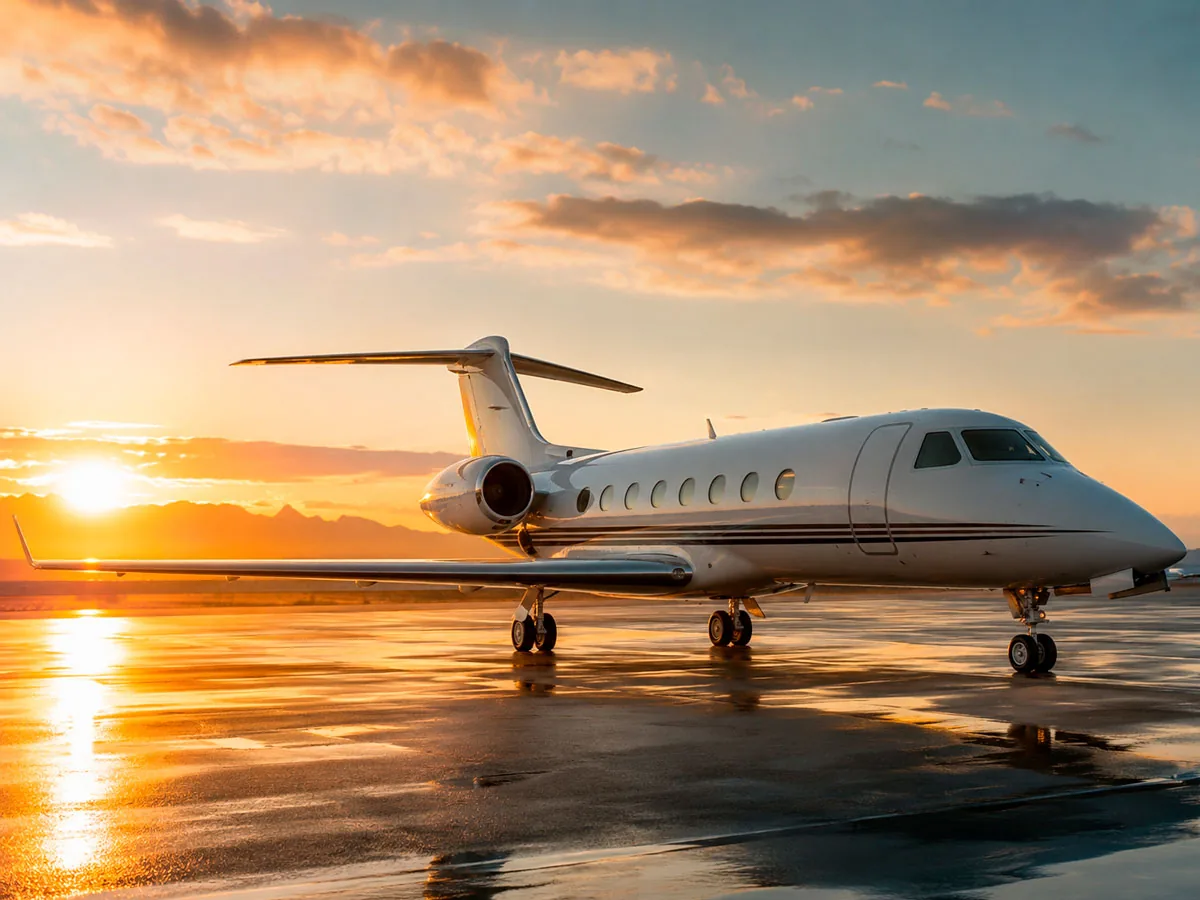 Jato executivo estacionado na pista ao pôr do sol: Consórcio de Aeronave, em Ponta Porã e Mato Grosso do Sul