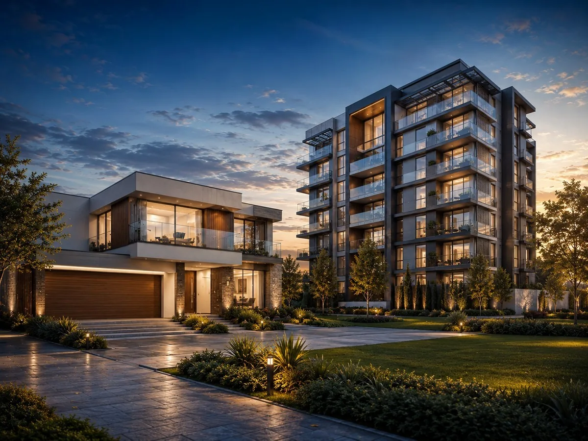 Casa moderna ao entardecer, comparação entre financiamento imobiliário e consórcio em Ponta Porã