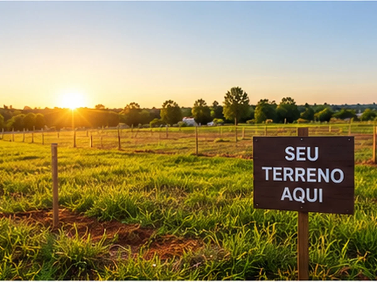 FGTS no consórcio de terreno | Consórcios Ponta Porã Terreno gramado com cerca de arame e placa escrita Seu terreno aqui, ao nascer do sol