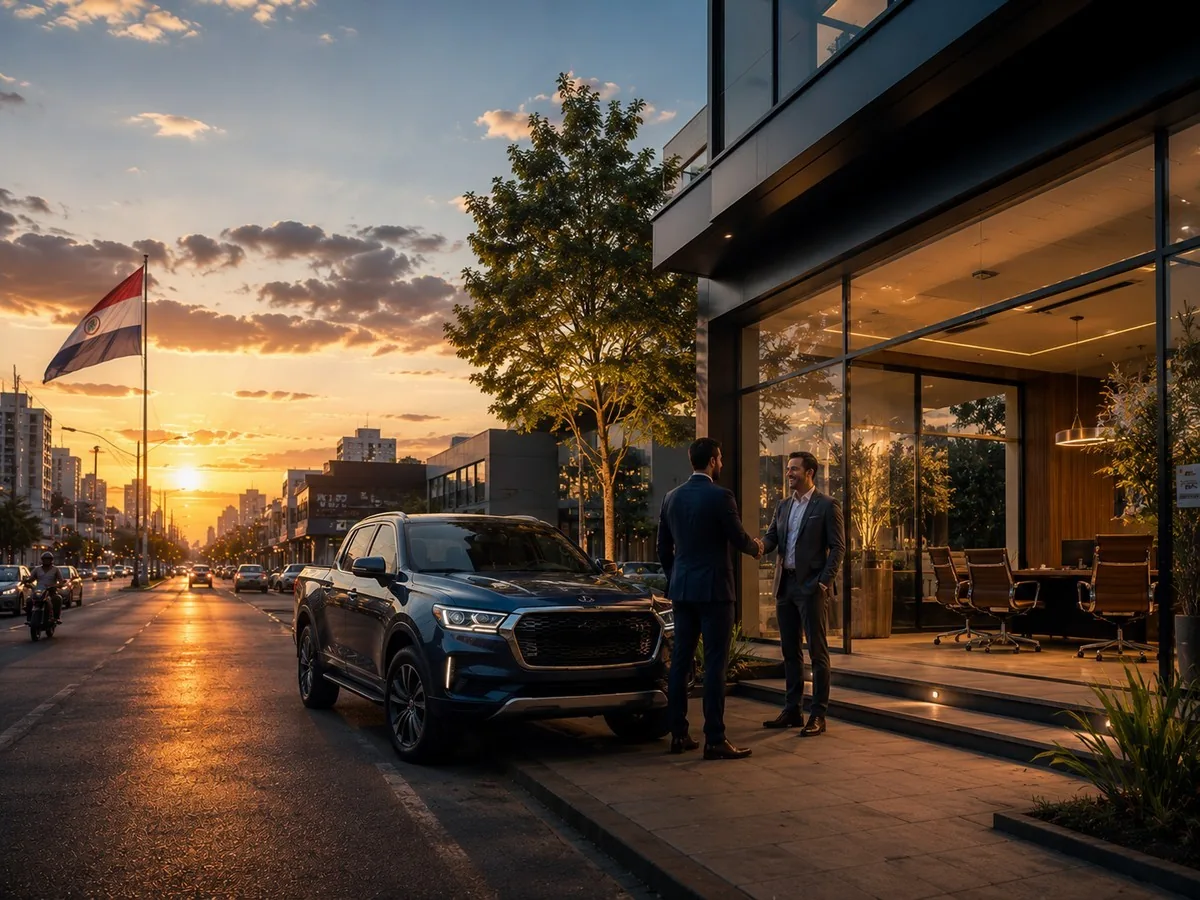 SUV azul-escura em avenida ao pôr do sol, dois homens de terno se cumprimentando diante de um prédio envidraçado e bandeira do Paraguai ao fundo, representando o consórcio em Ponta Porã MS e nas cidades vizinhas