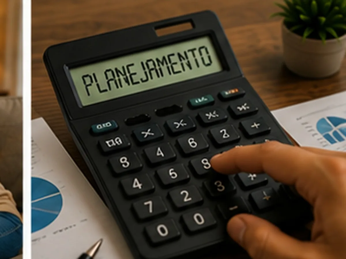 Fundo comum do consórcio | Consórcios Ponta Porã Mão usando calculadora com a palavra planejamento no visor, ao lado de papéis com gráficos de pizza e um vaso de planta