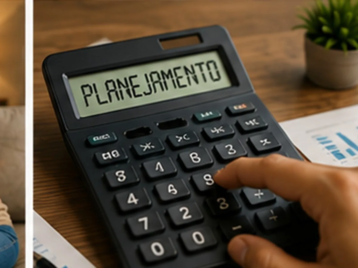 Consórcio com parcela reduzida | Consórcios Ponta Porã Mão digitando em calculadora com a palavra planejamento no visor, sobre mesa de madeira com papéis e um vaso de planta