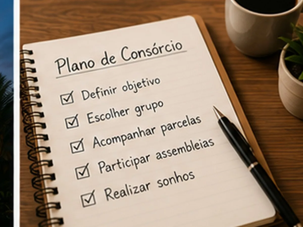 Glossário do consórcio | Consórcios Ponta Porã Caderno aberto com a lista plano de consórcio: definir objetivo, escolher grupo, acompanhar parcelas, participar de assembleias