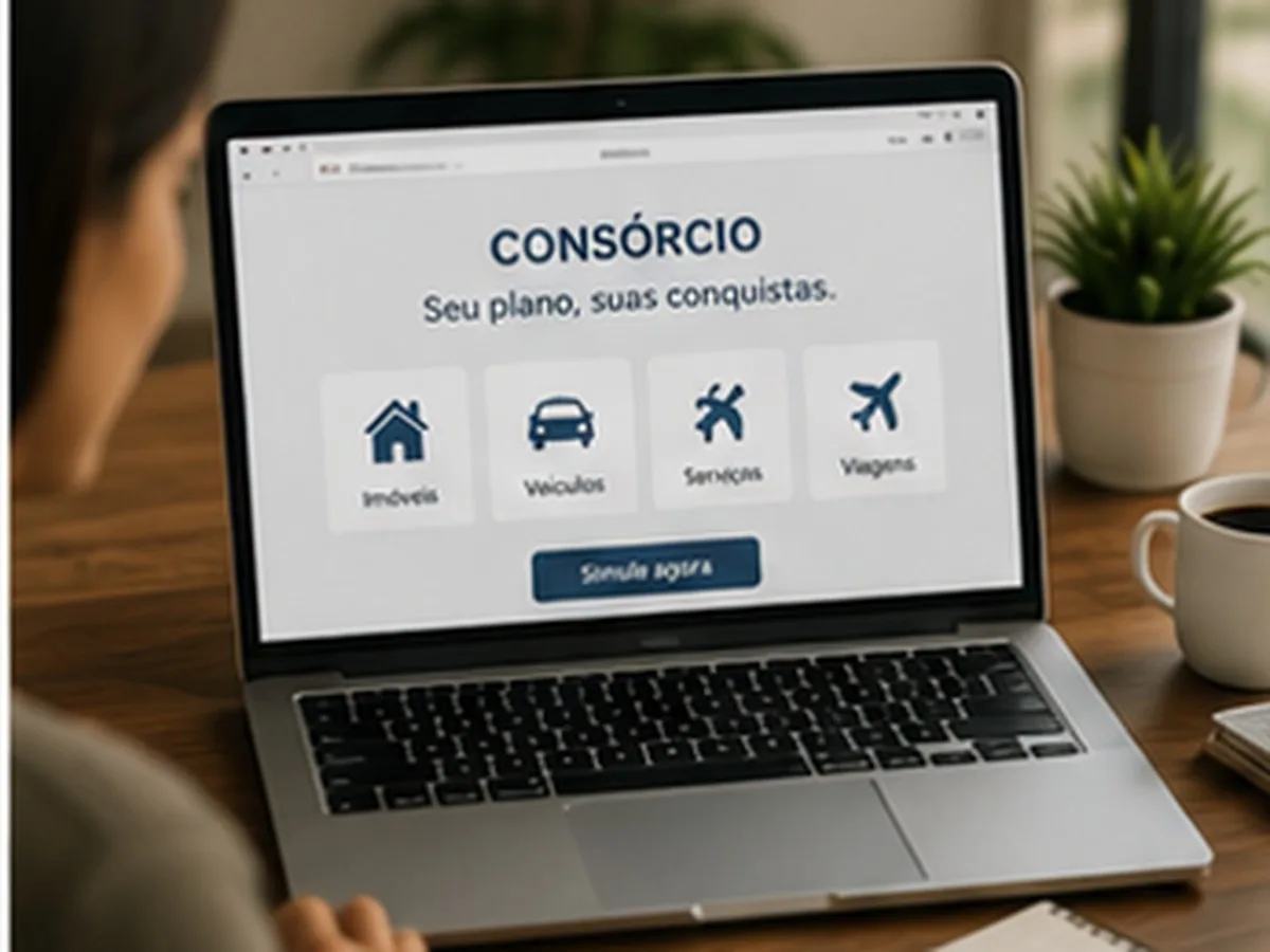 Consórcio para militar | Consórcios Ponta Porã Notebook aberto num site de consórcio com ícones de imóveis, veículos, serviços e viagens, ao lado de xícara e planta