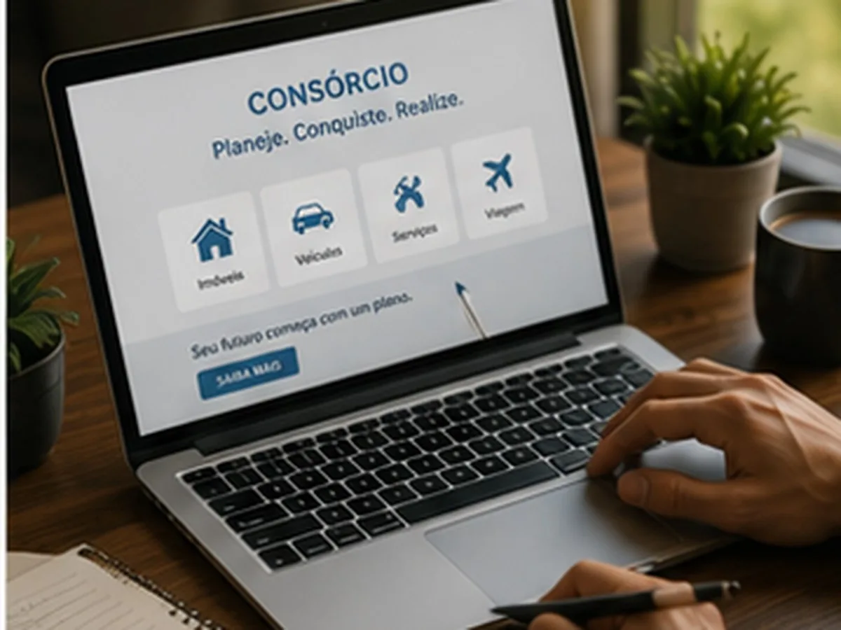Mapa do site | Consórcios Ponta Porã Tela de site de consórcio aberta num notebook sobre a mesa